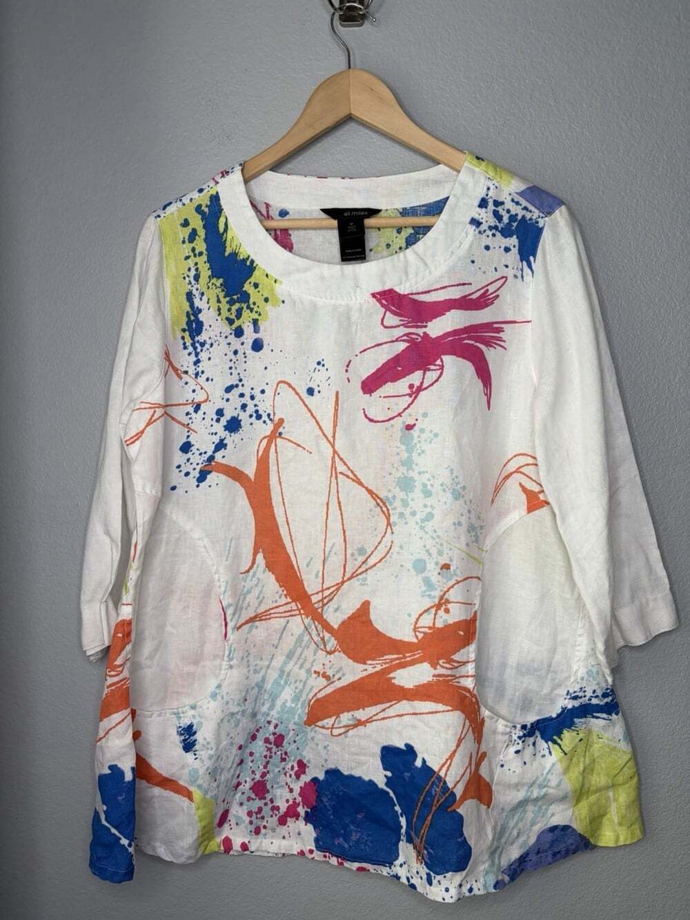 Ali Miles Top Medium Colorful Bright Abstract Artsy Pockets Flowy 100% linen